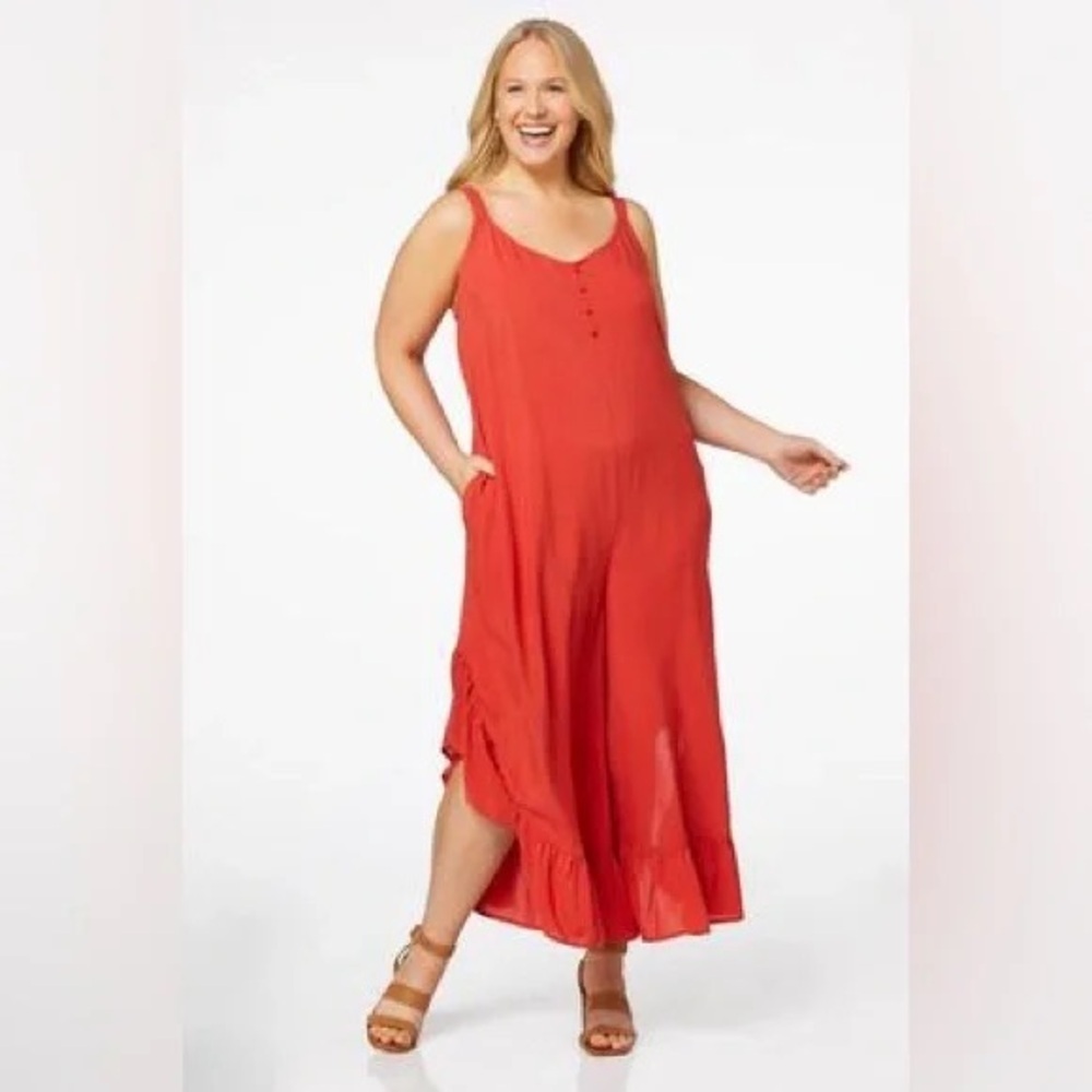 Cato | PLUS SIZE RUFFLED GENIE JUMPSUIT Habanero Red Various Sizes Available